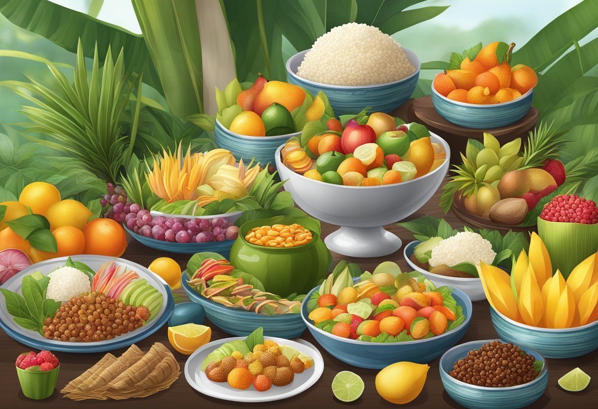 A table displays various Indonesian food products. Bright packaging and exotic fruits create an enticing display