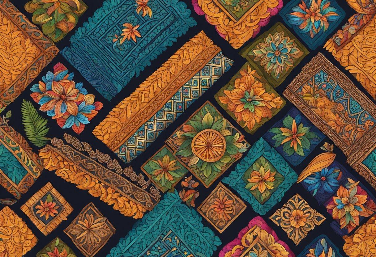 Vibrant Indonesian handicrafts displayed on woven mats, showcasing intricate batik patterns, wooden carvings, and colorful woven textiles